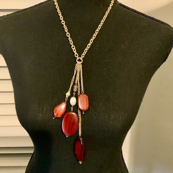 Chico's Red Beaded Gold Tone Y Chain Necklace - Picture 4 of 7